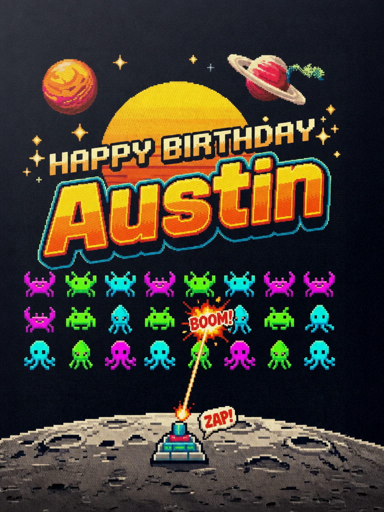 The Retro Arcade Defender Austin birthday portrait