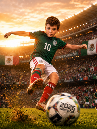 The 2026 World Cup Mexican Striker boy portrait