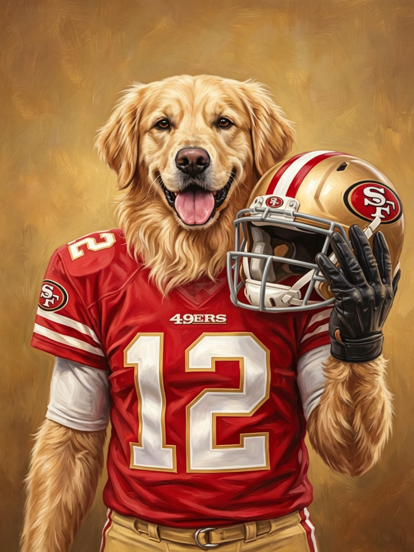 The 49ers Starting Quarterback golden retriever football portrait